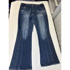 Lazer Jeans Pants Women 18 Blue Medium Wash Flare Y2K Lattice Embroidered Denim